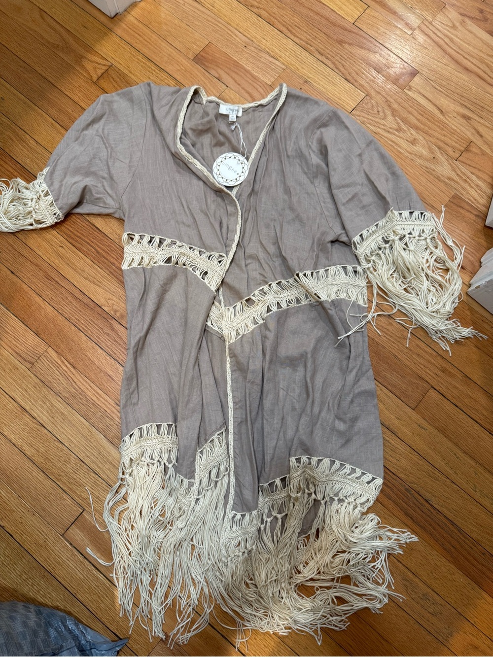 Umgee Taupe Fringe Open-Front Kimono with Cream Trim